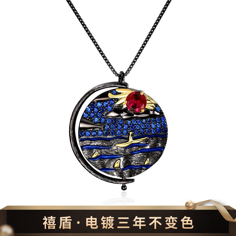 Italian Abstract Pattern Vintage Jewelry Designer Necklace s925Silver Inlaid Gemstone Necklace Pendant