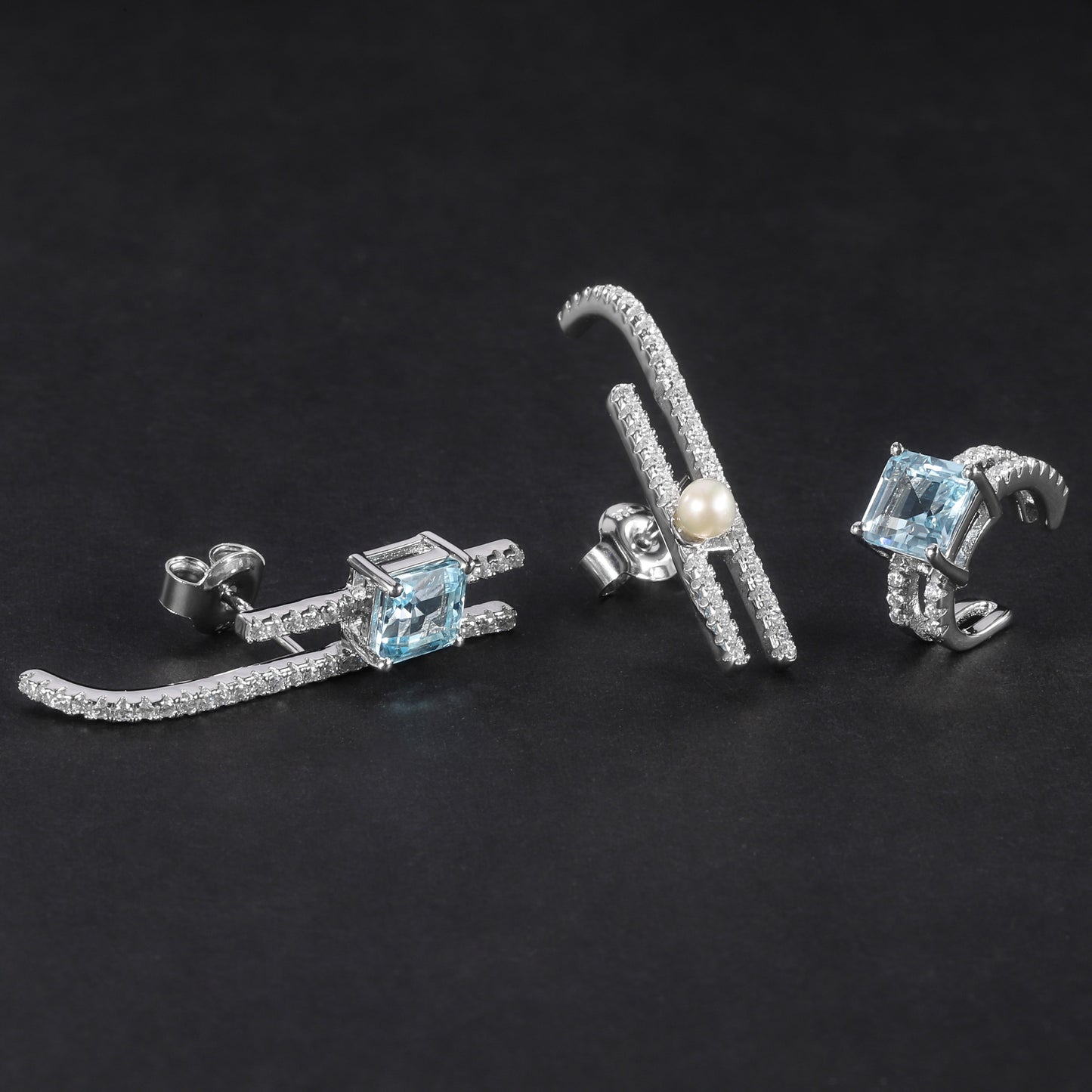 Fashionable Light Luxury Earring Three-Piece Set S925Silver Inlaid Natural Freshwater Pearl Matching Topaz Stud Earrings Ear Clips