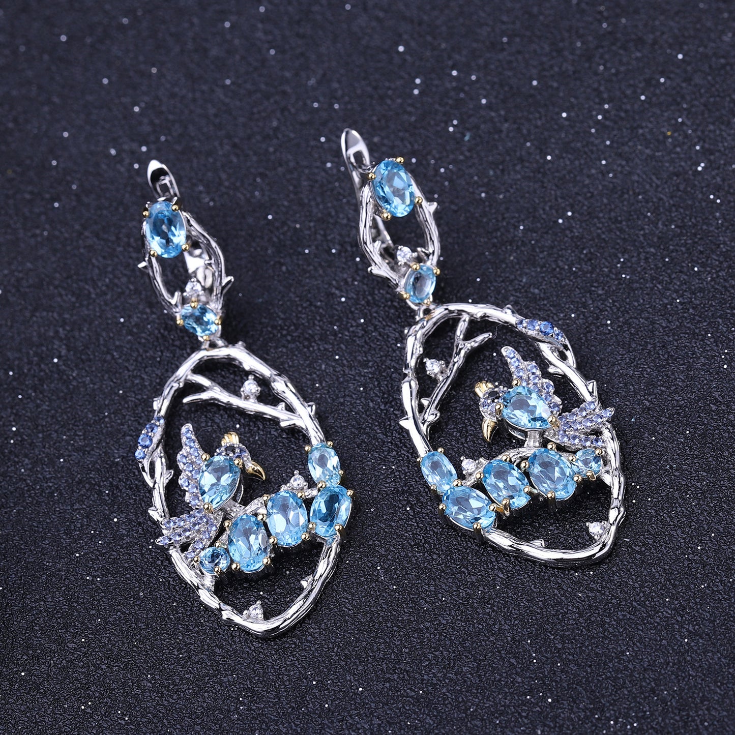 Secret Garden Designer Earrings Birds in the Bush Design Chinese Style925Silver Natural Gemstone Earrings