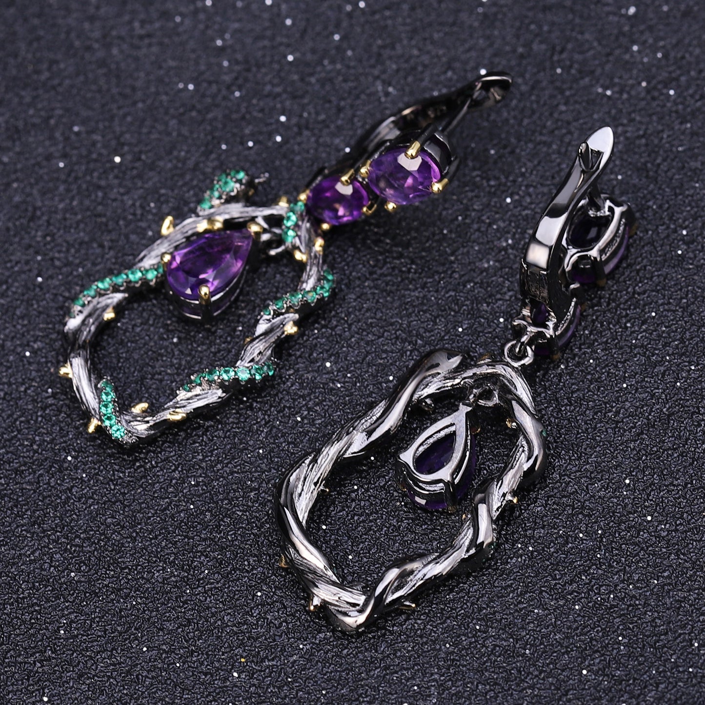 Italian Craft Designer Natural Amethyst Earrings Natural Vine Design925Silver Earrings and Ear Studs