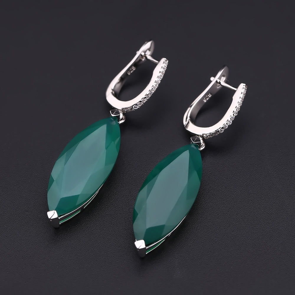 Jewelry Green Agate s925Silver Earrings Vintage Colorful Gemstone Natural Stone Crystal Earrings Jewelry