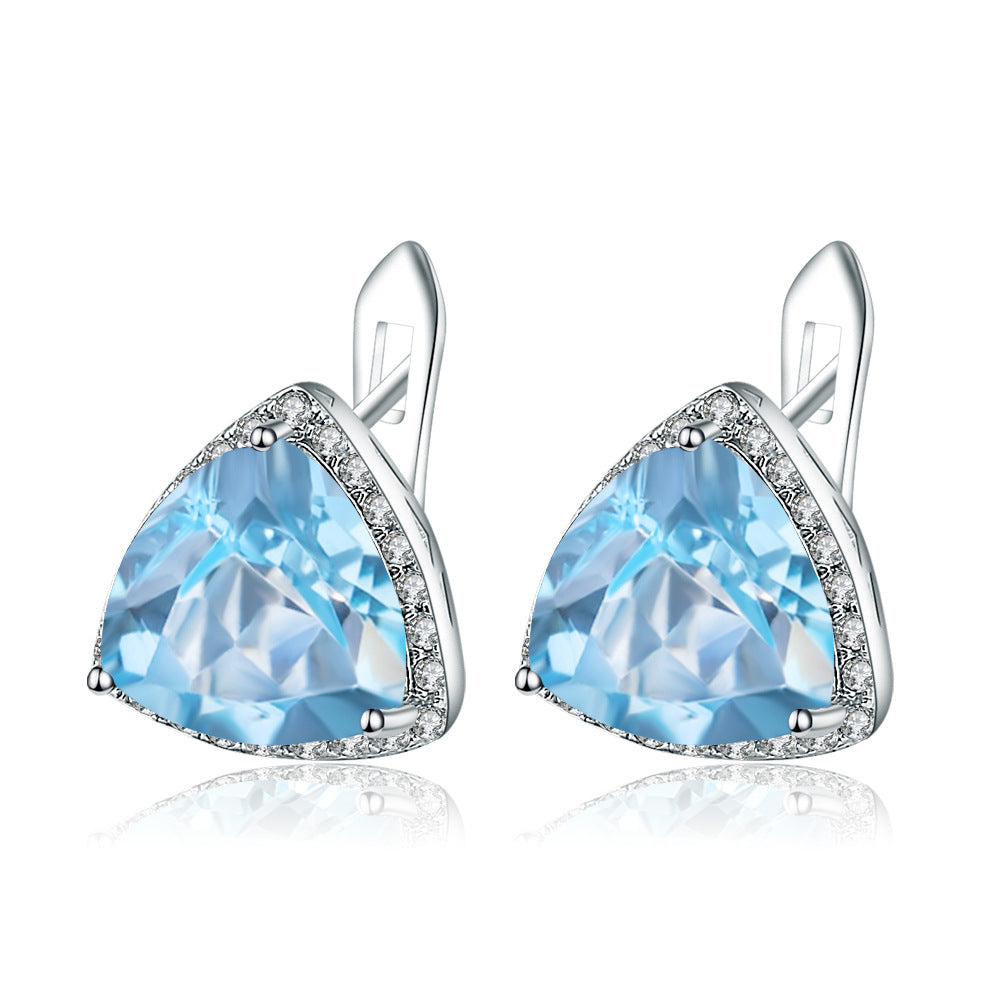 Minimalist Style Natural Stone Earrings Personality s925Silver Earrings Triangle Sky Blue Topaz Gemstone Drop Earrings