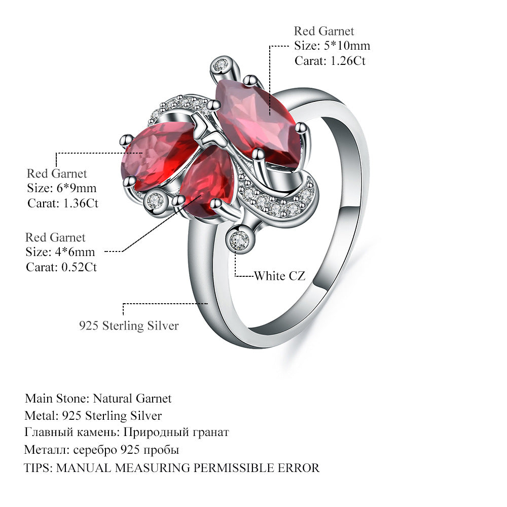 Italian Craft Jewelry Inlaid Natural Gemstone Ring for Women Fashion s925Sterling Silver Inlaid Garnet Ring