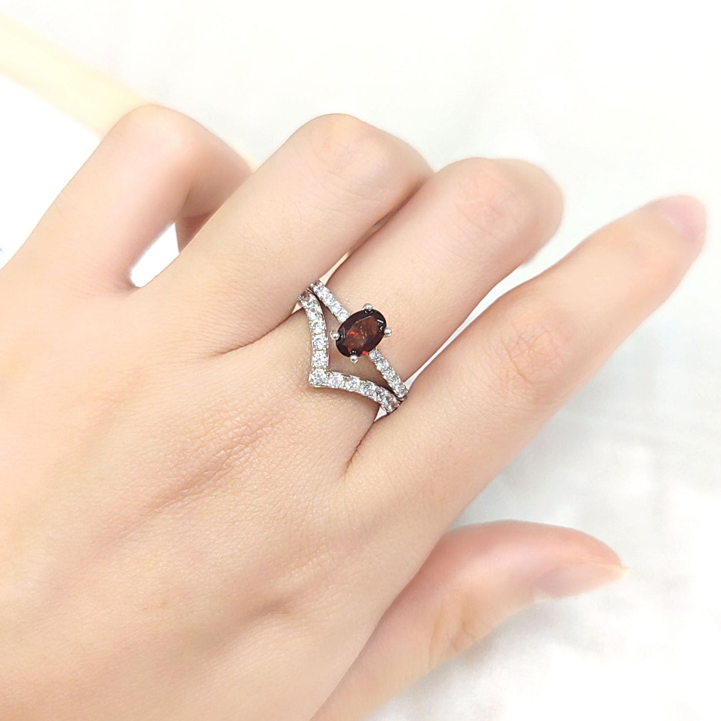 All-Matching V Shaped Wedding Rings Couple Rings S925Sterling Silver Plated18k Gold Inlaid Gemstone Layered Ring Set