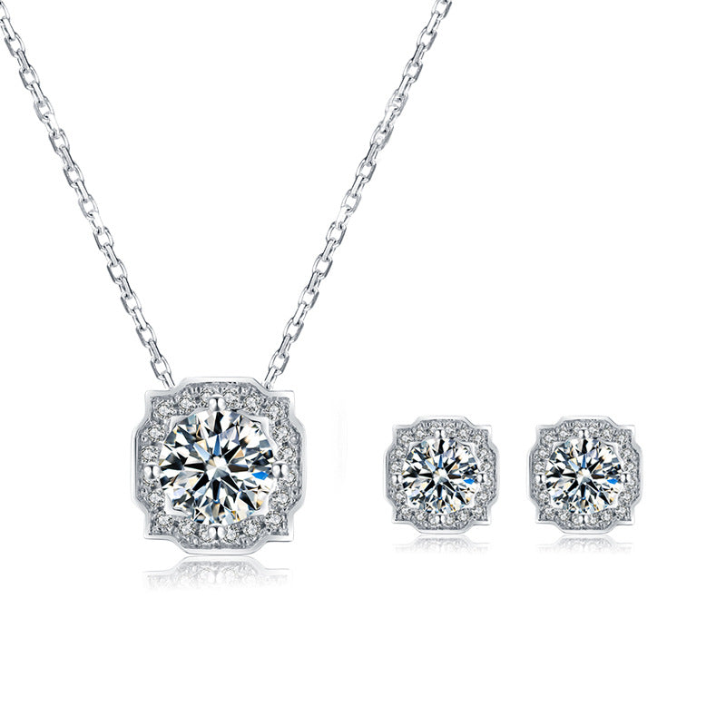 Fashion Moissanite Jewelry Set Light Luxury s925Sterling Silver Inlaid Moissanite Earrings Necklace Set