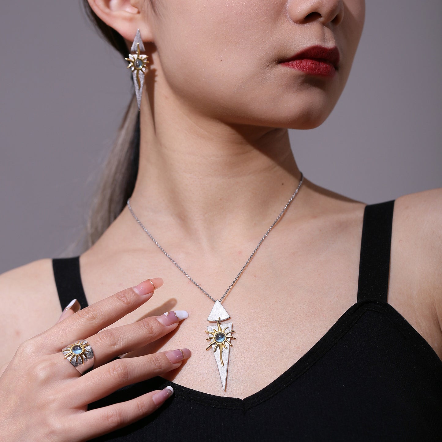 Designer Natural Amethyst Topaz Pendant925Sterling Silver Sun Goddess Necklace Niche Design Sense Jewelry
