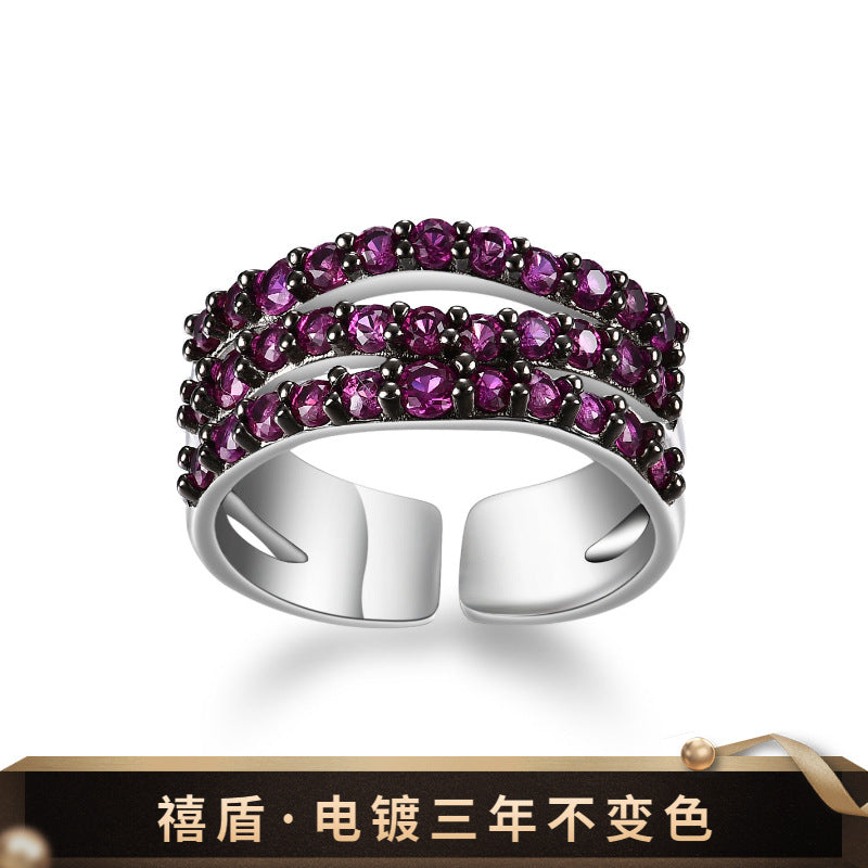 Fashion High-end Retro Style Designer Ring s925Silver Inlaid Colorful Gemstone Open Ring