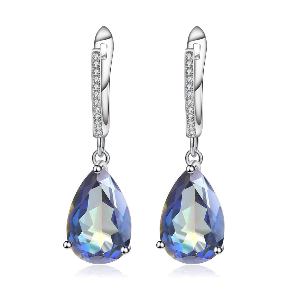 Fashion Style Colorful Gemstone Stud Earrings Water Drop Pear Shape Coated Crystal s925Silver Earrings Jewelry