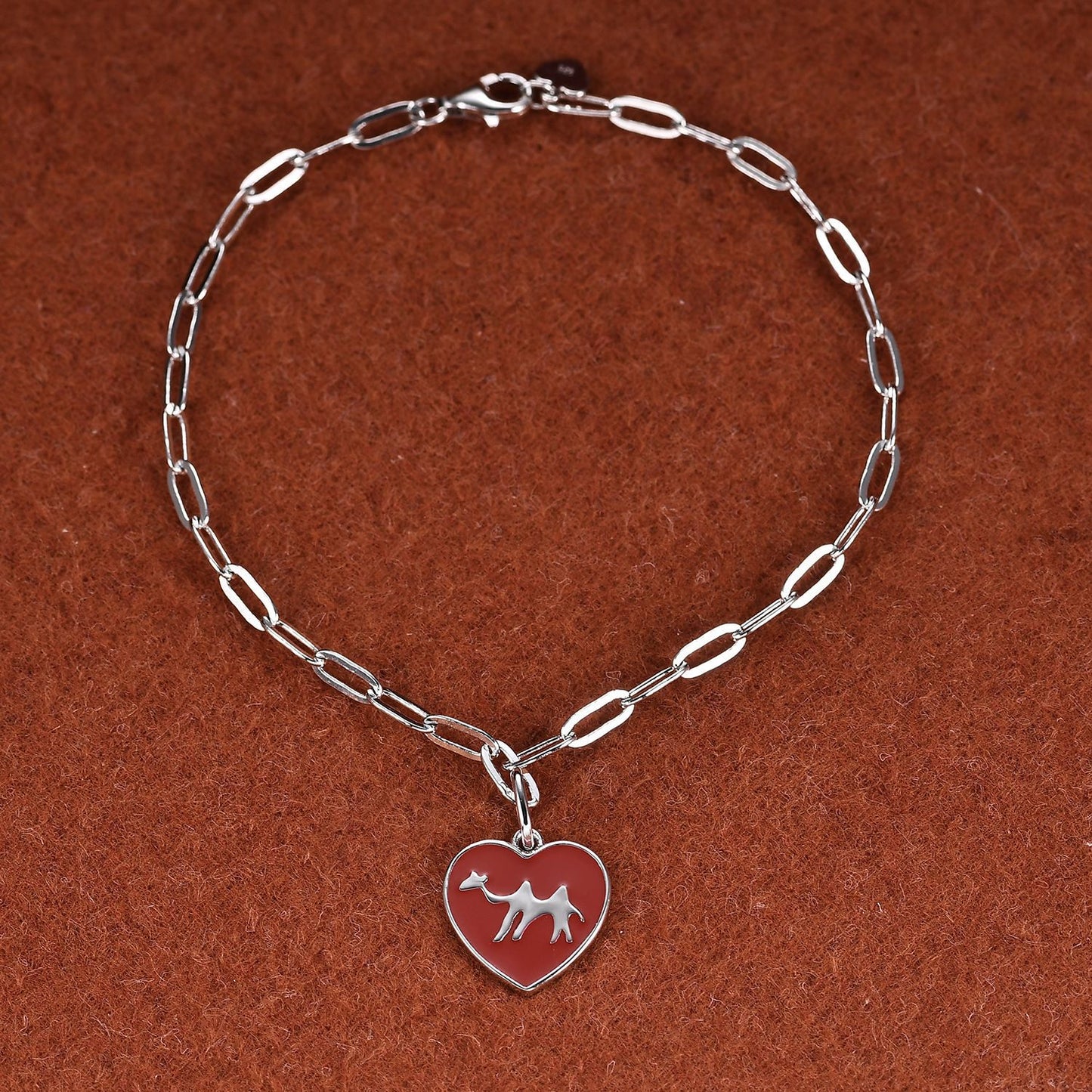 Red Enamel Camel Ring Earrings Bracelet with Safety Pin s925Sterling Silver Unique Personality Three-Piece Jewelry Set Heart Shape