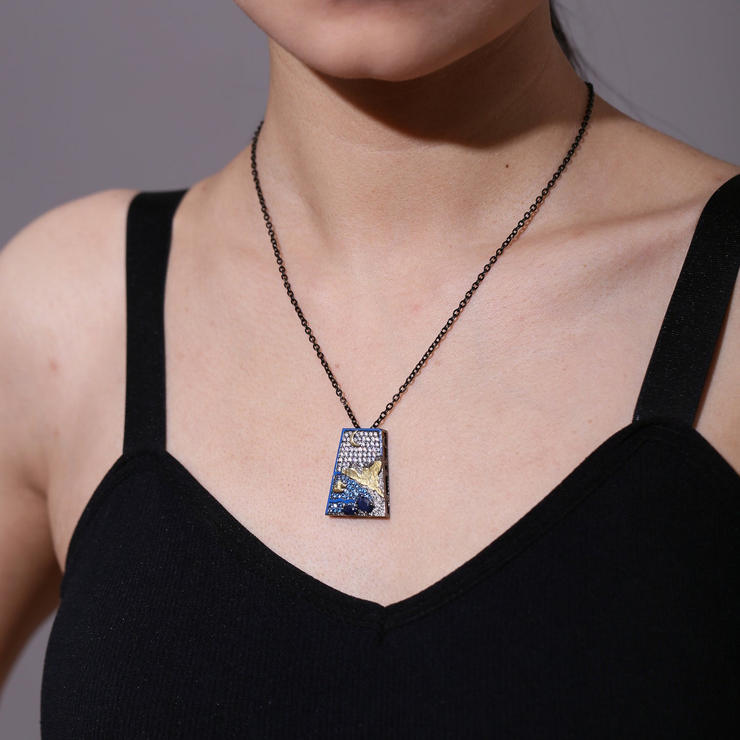 Natural Topaz Necklace925Sterling Silver Sapphire Square Pendant Niche Design Gemstone Clavicle Chain for Men and Women