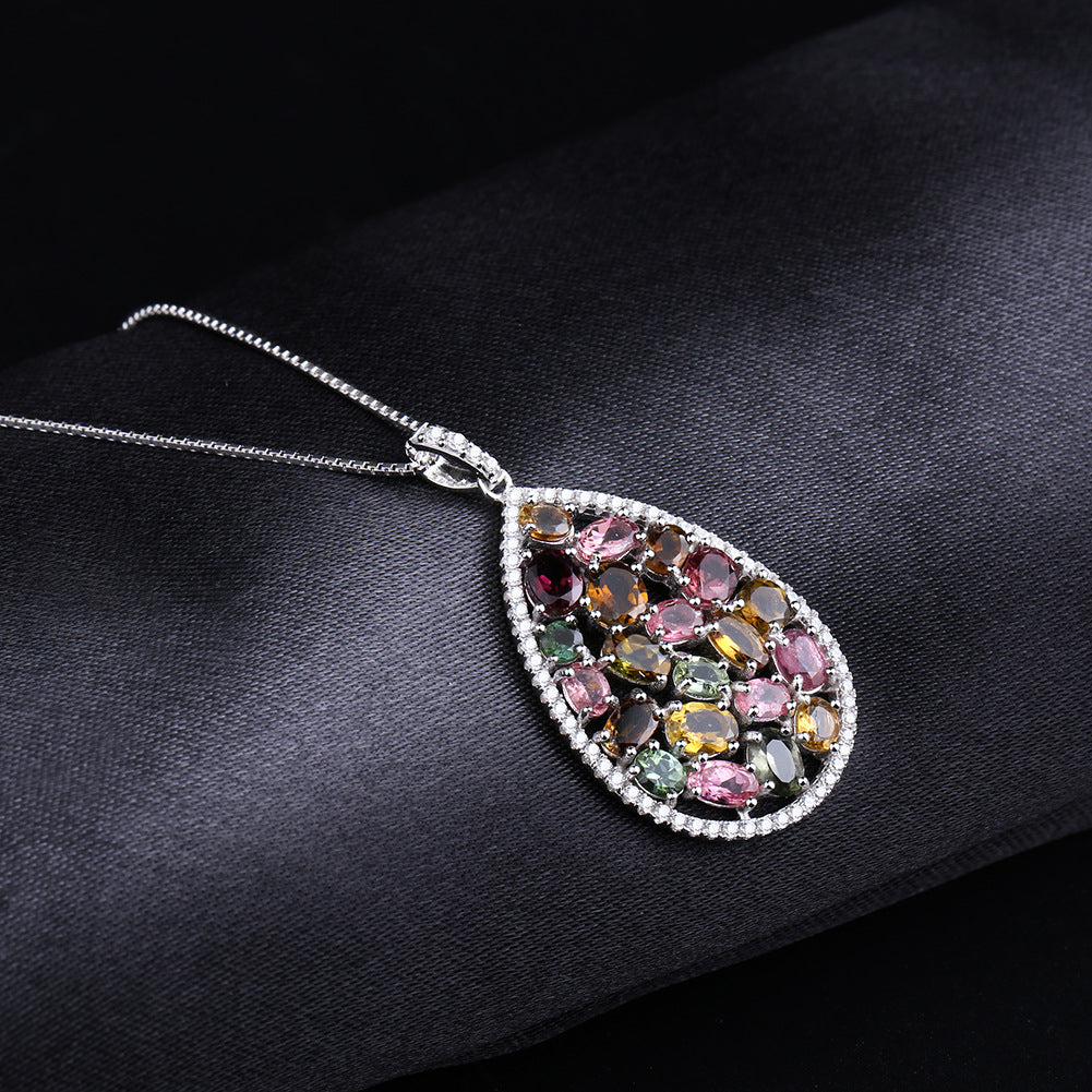 New Natural Tourmaline Pendant Necklace Niche ins Design s925Silver fashion Natural Gemstone Necklace