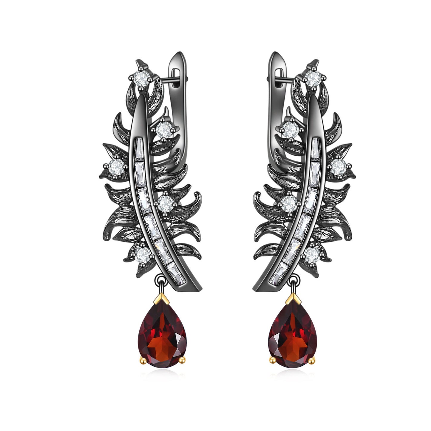 Italian Craft Handmade Designer Feather Natural Gemstone s925Silver Inlaid Garnet Stud Earrings