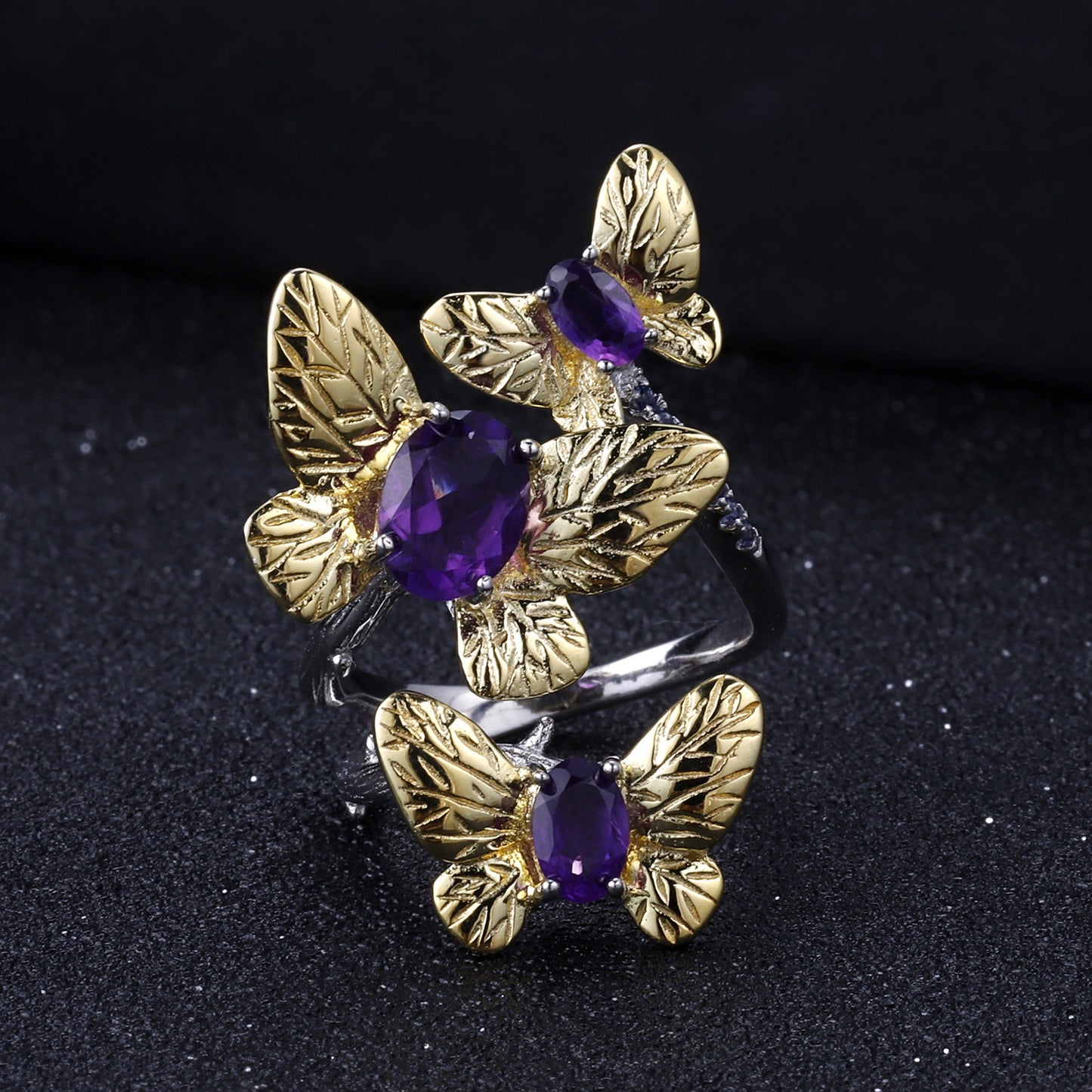Designer High-End Gemstone Ring Natural Style Butterfly Design925Silver Natural Amethyst Open Ring