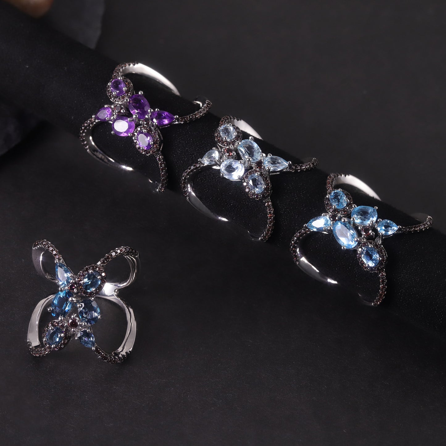 Butterfly Shape Original Design Natural Topaz Ring s925Silver Cluster Inlaid Amethyst Dark Style Couple Rings