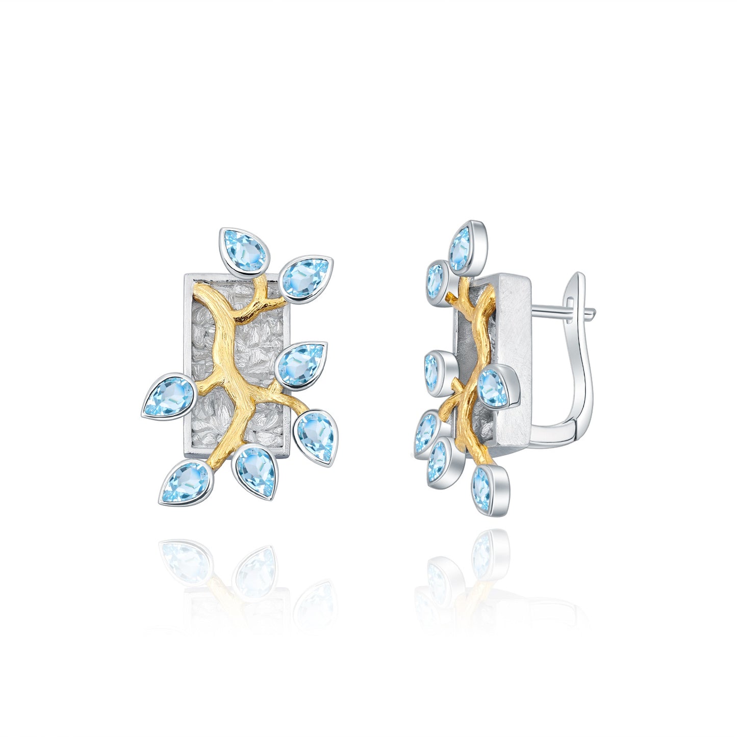 Designer Natural Topaz Earrings with Flower Branch and Jade Leaf Design s925Silver Inlaid Gemstone Stud Earrings