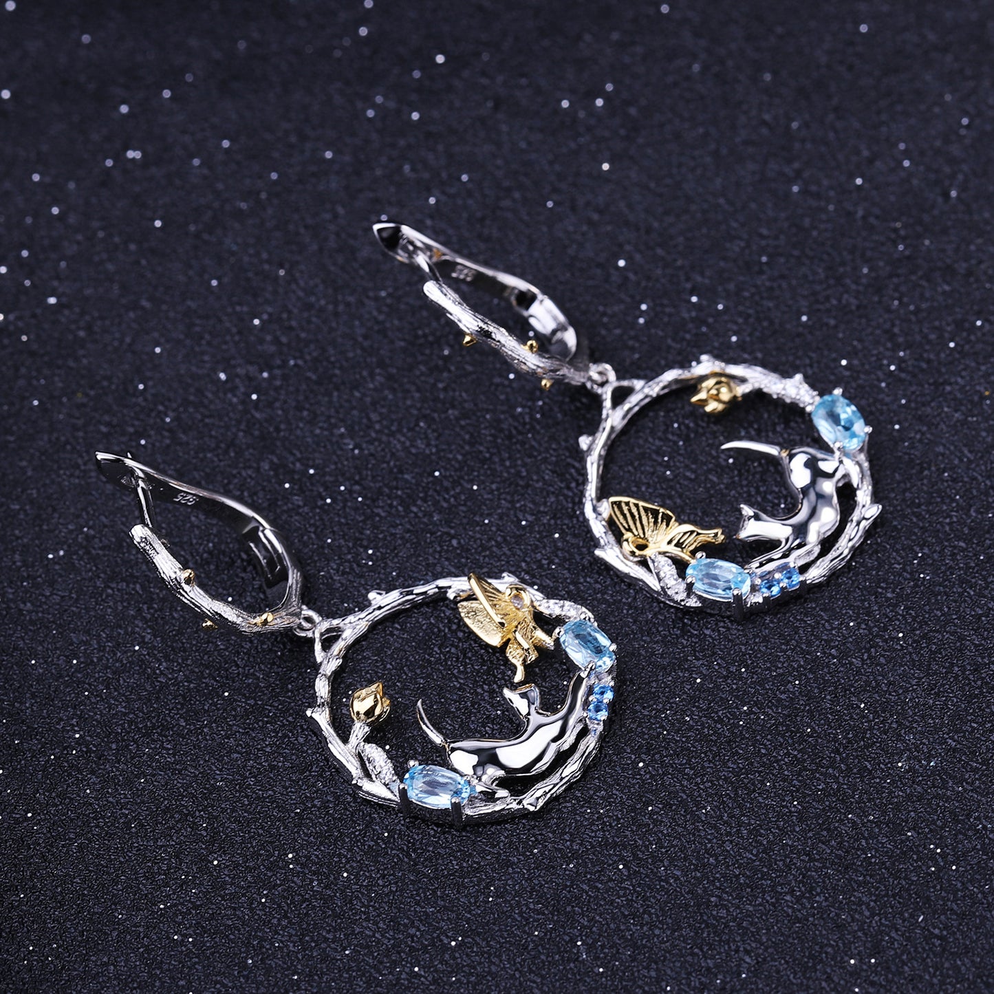 Designer Inlaid Gemstone National Style Earrings Natural Style Animal Design925Silver Topaz Stud Earrings