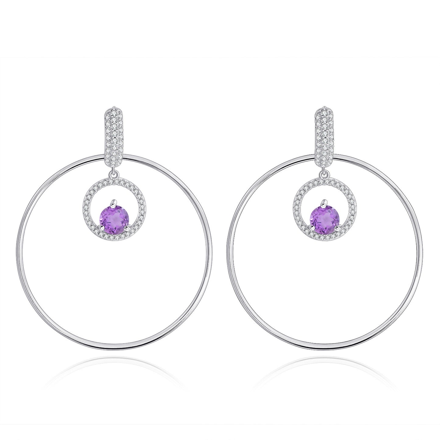 Fashionable Large Circle Statement Earrings925Sterling Silver Inlaid Natural Amethyst Blue Gemstone Round Earrings