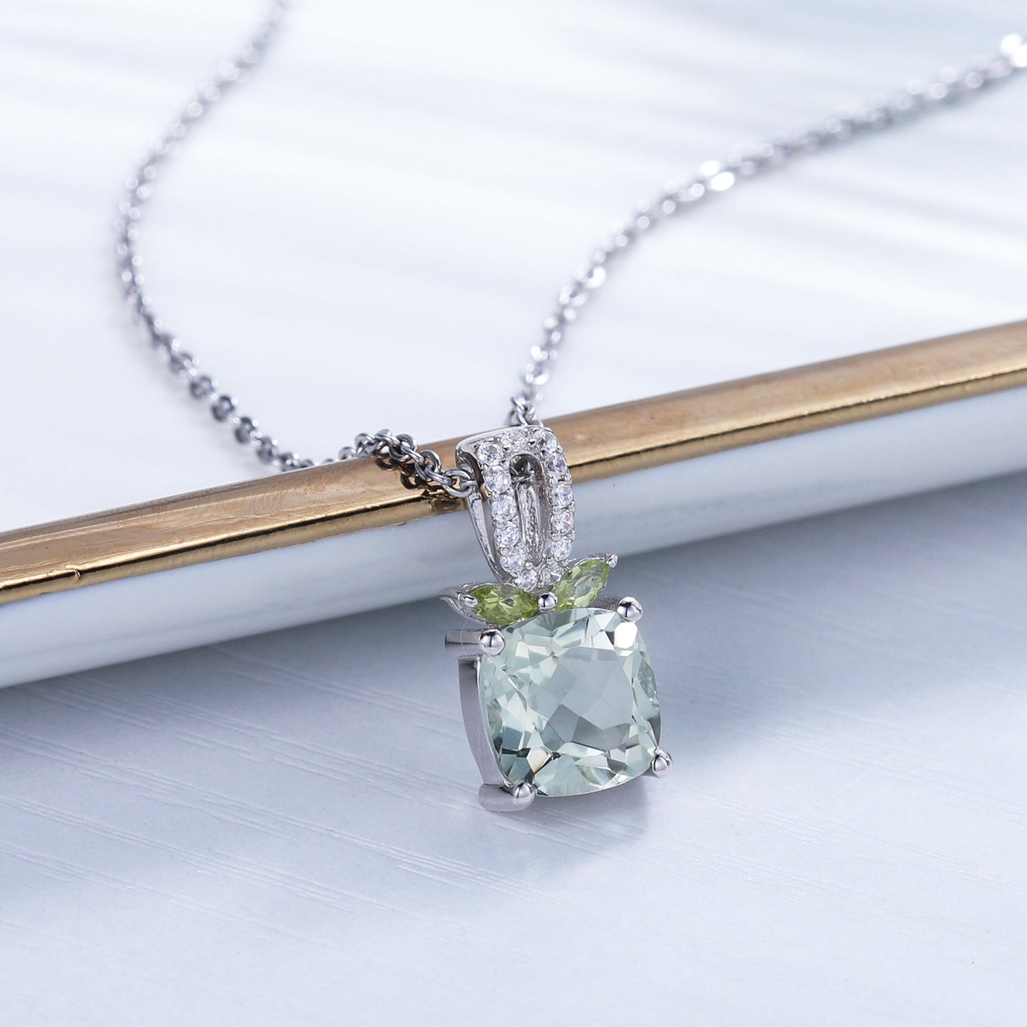 Simple All-Match Natural Green Amethyst Citrine Necklace925Sterling Silver Large Carat Gemstone Crystal Pendant for Men and Women