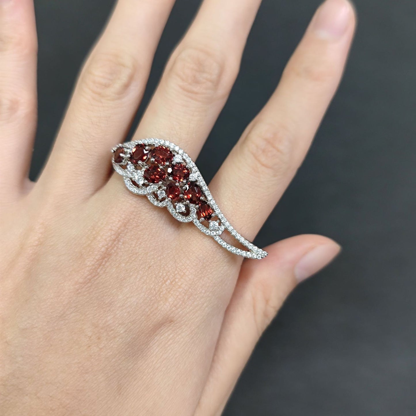 Angel Wings Gemstone Ring s925Sterling Silver Inlaid Natural Topaz Green Chalcedony Garnet Ring for Women