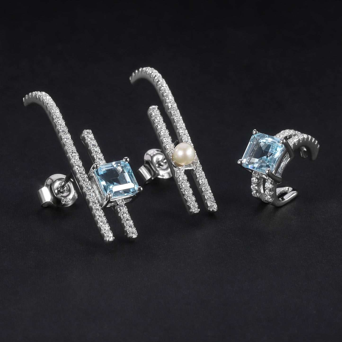 Fashionable Light Luxury Earring Three-Piece Set S925Silver Inlaid Natural Freshwater Pearl Matching Topaz Stud Earrings Ear Clips