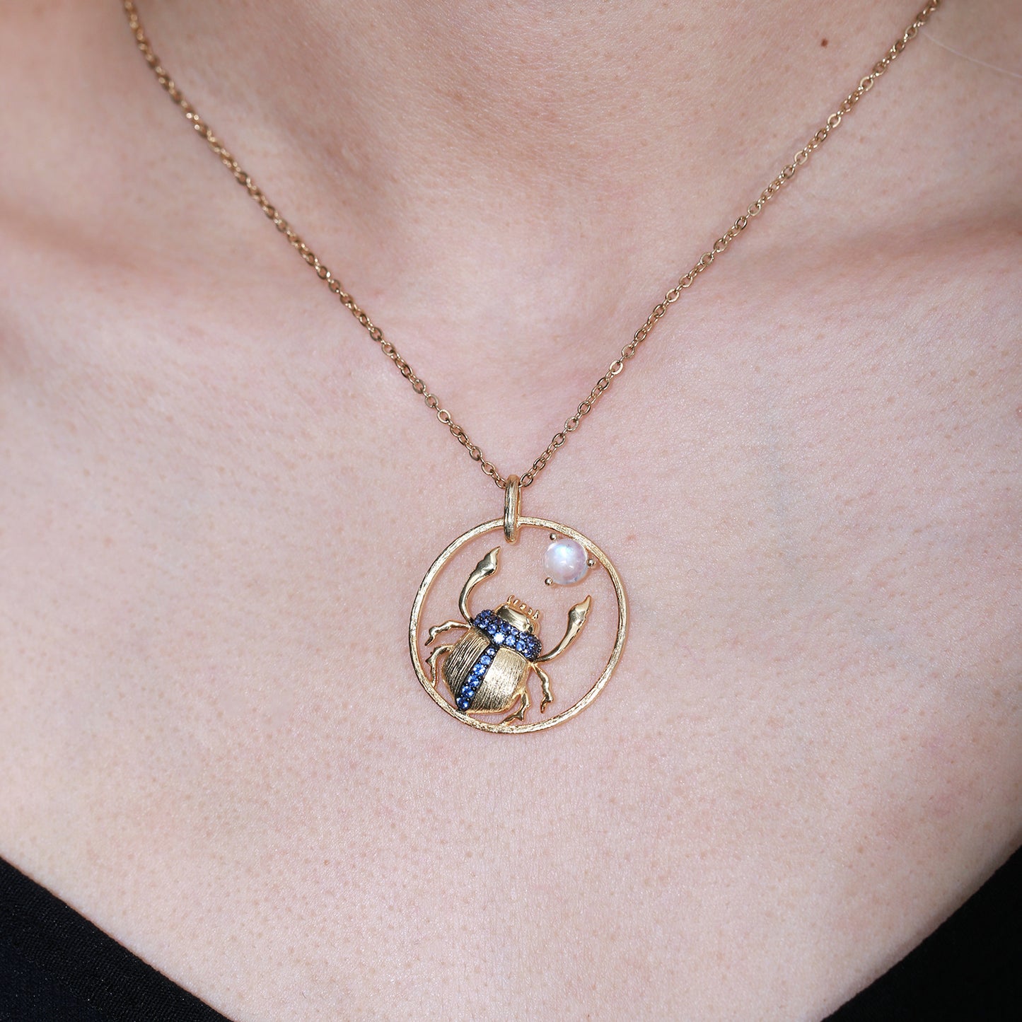 Independent Designer Natural Cream Blue Moonstone Pendant Insect s925Sterling Silver Gemstone Niche Design Necklace for Women