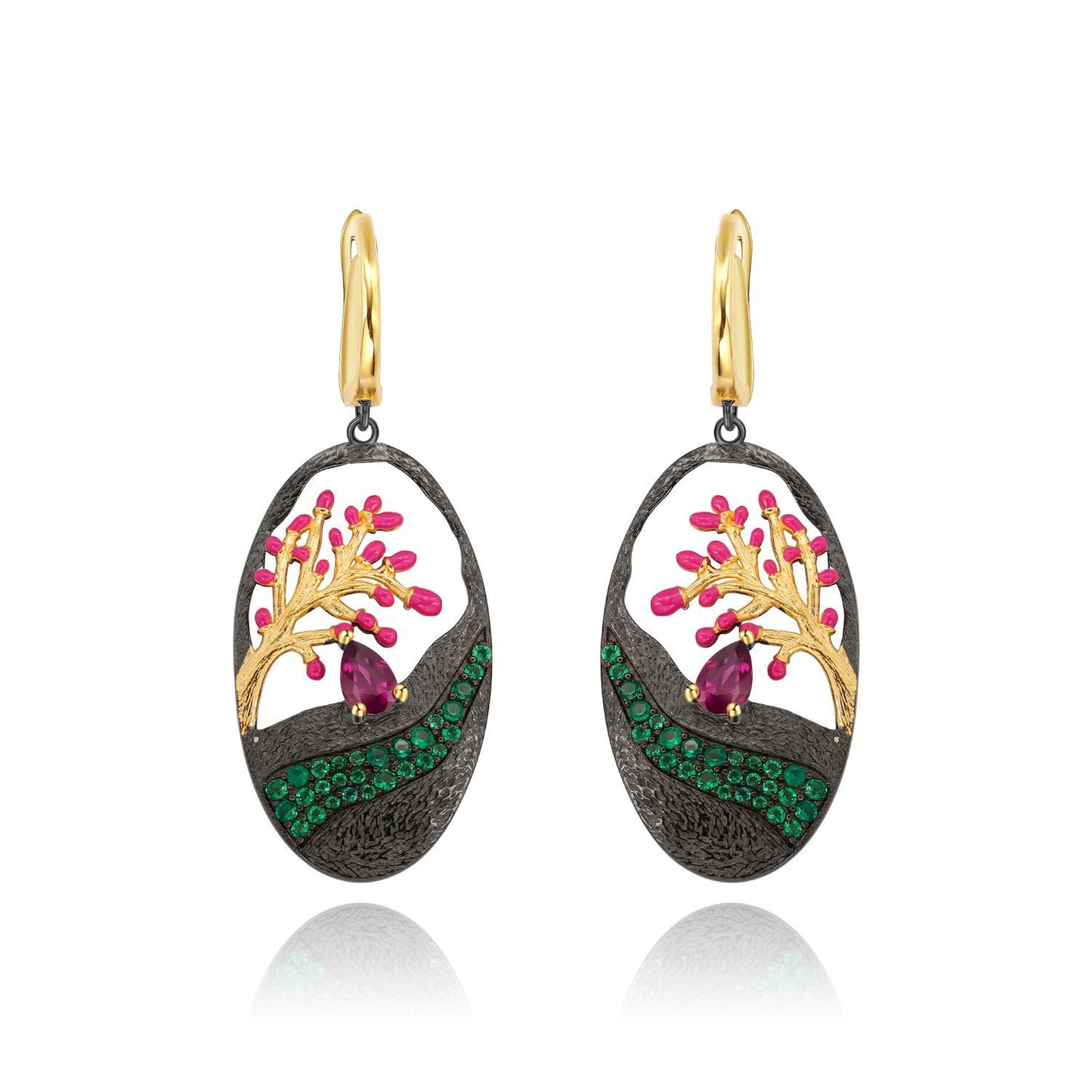 Italian Craft Designer Earrings Natural Style Tree of Life Design s925Sterling Silver Enamel Earrings