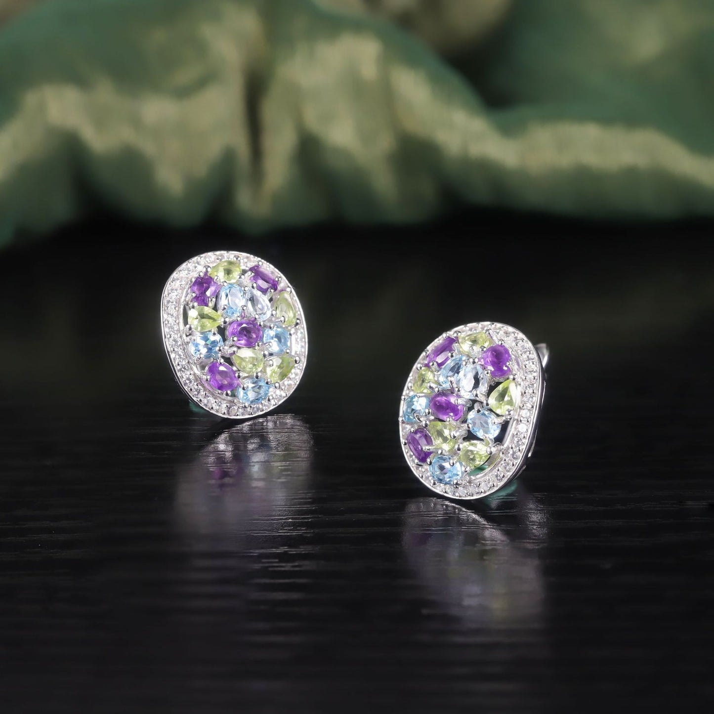 Natural Colorful Gemstone Earrings s925Sterling Silver Inlaid Rainbow Gemstone Peridot Stud Earrings Round Wind Earrings