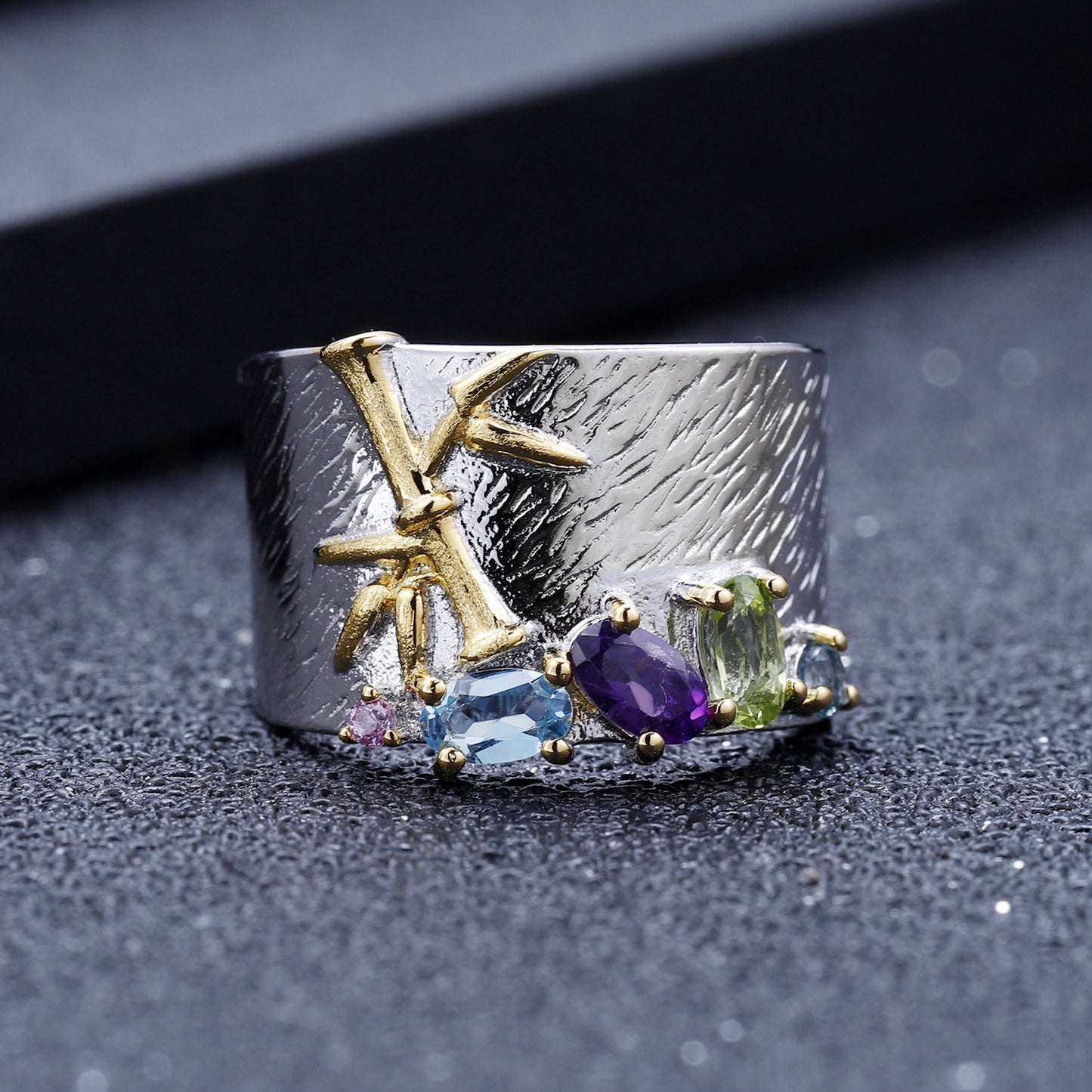 Original Design New Chinese Style National Style Gemstone Ring S925Sterling Silver Natural Diopside Topaz Amethyst Ring