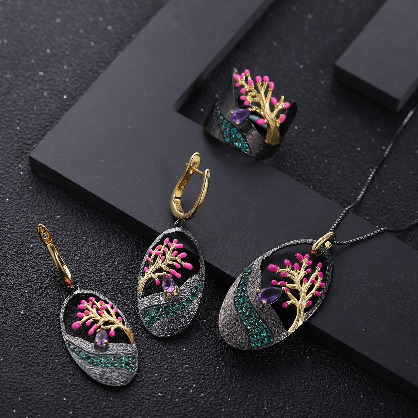 Italian Craft Designer Earrings Natural Style Tree of Life Design s925Sterling Silver Enamel Earrings