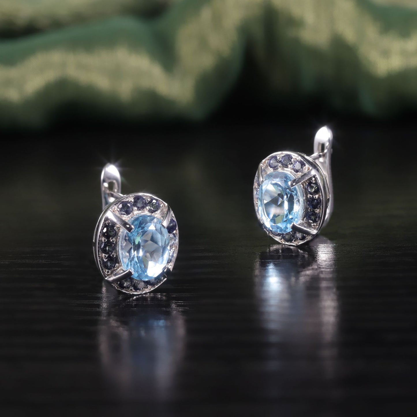 Unique Oval Earrings s925Sterling Silver Inlaid Natural Topaz Sky Blue Earrings Studs