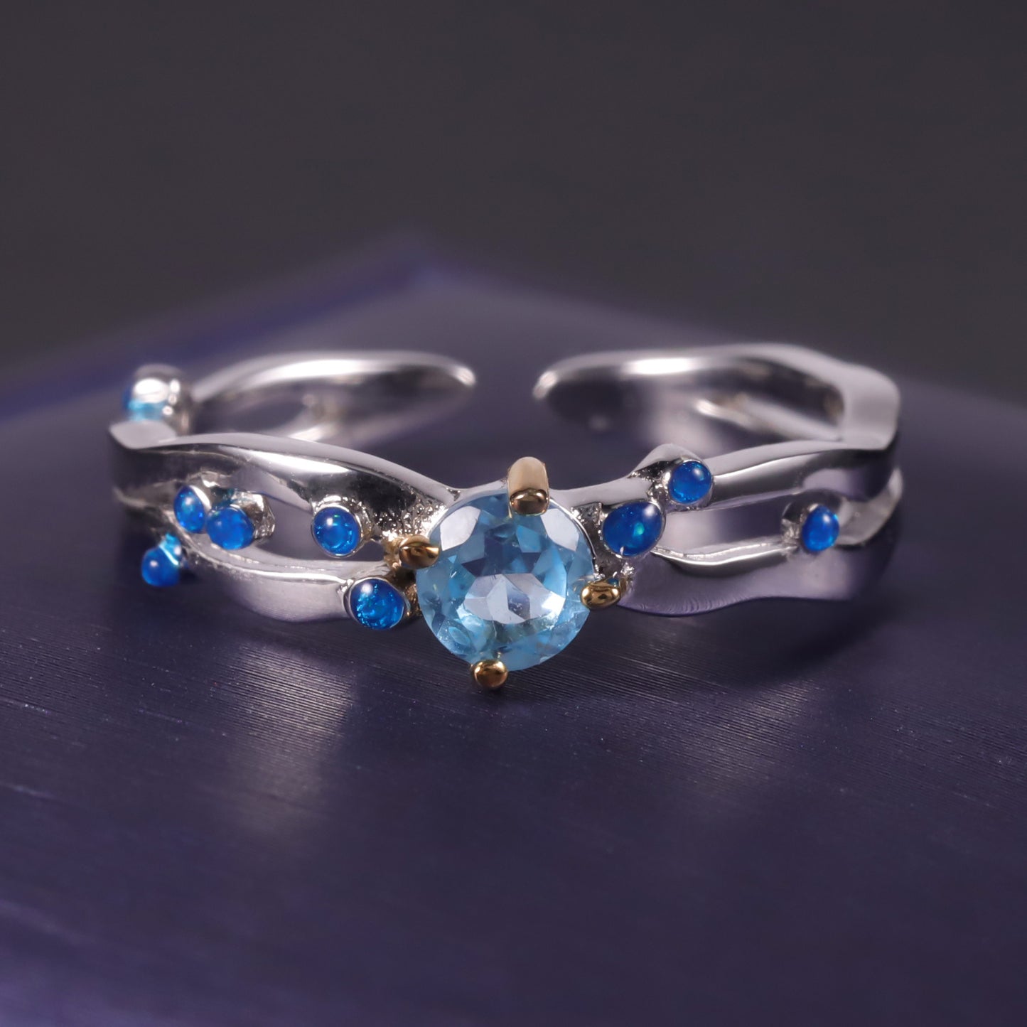 Designer Open Couple Rings Niche Wave Design s925Sterling Silver Inlaid Gemstone Enamel Ring