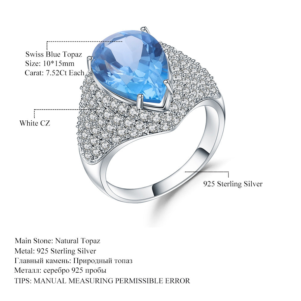 s925Silver Pure Natural Topaz Ring Fashionable Luxurious Unique Design High-end Gemstone Ring