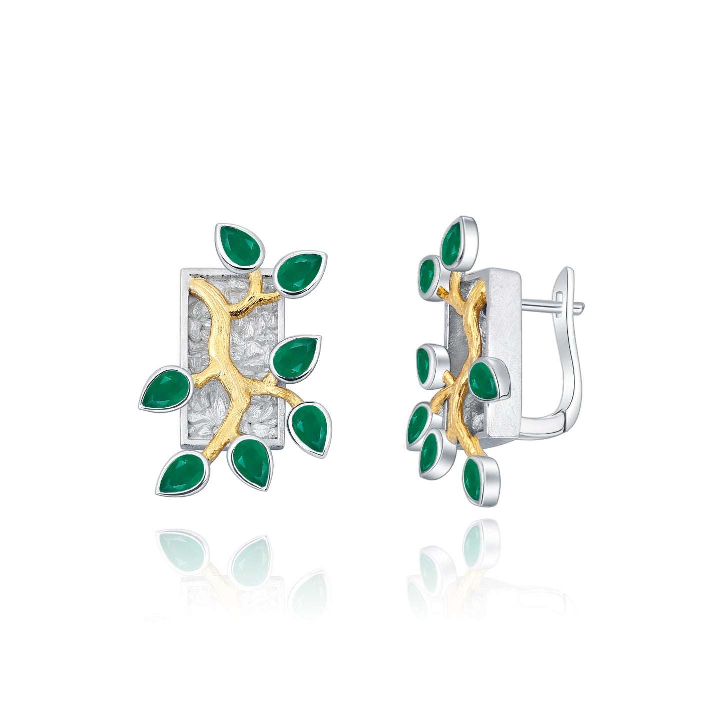 Designer Natural Topaz Earrings with Flower Branch and Jade Leaf Design s925Silver Inlaid Gemstone Stud Earrings