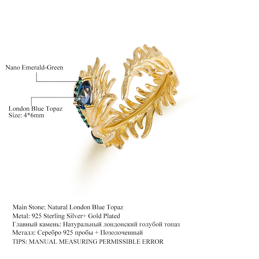 Designer Adjustable Open Ring with Bird Feather Design925Silver Natural Topaz Ring