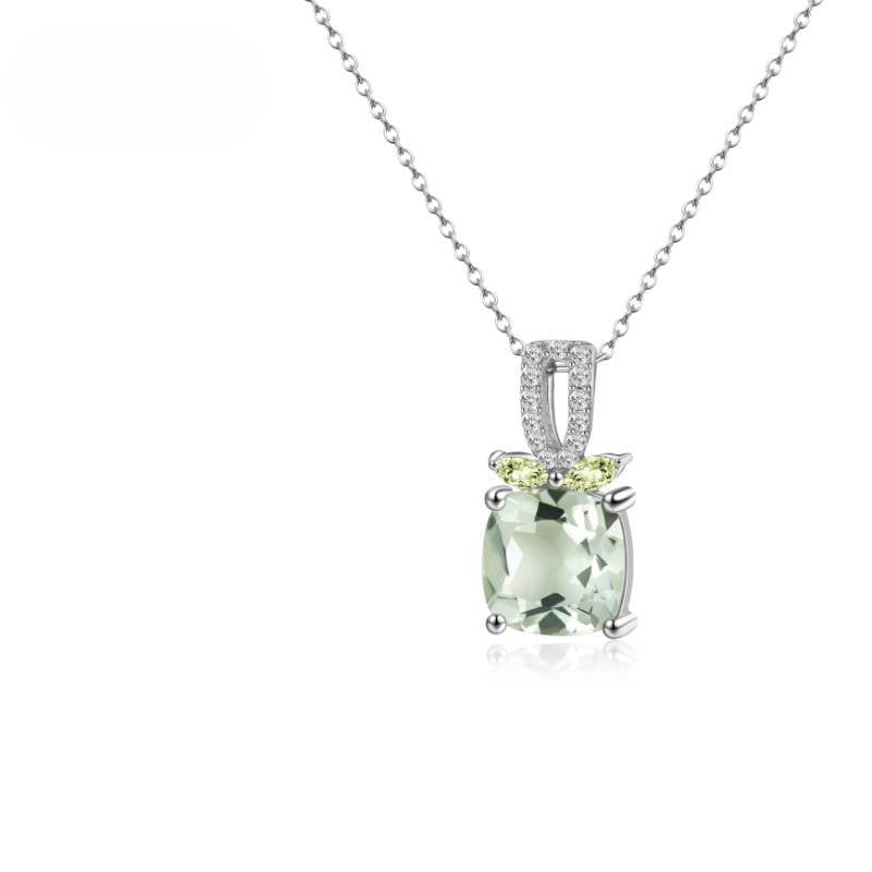 Simple All-Match Natural Green Amethyst Citrine Necklace925Sterling Silver Large Carat Gemstone Crystal Pendant for Men and Women