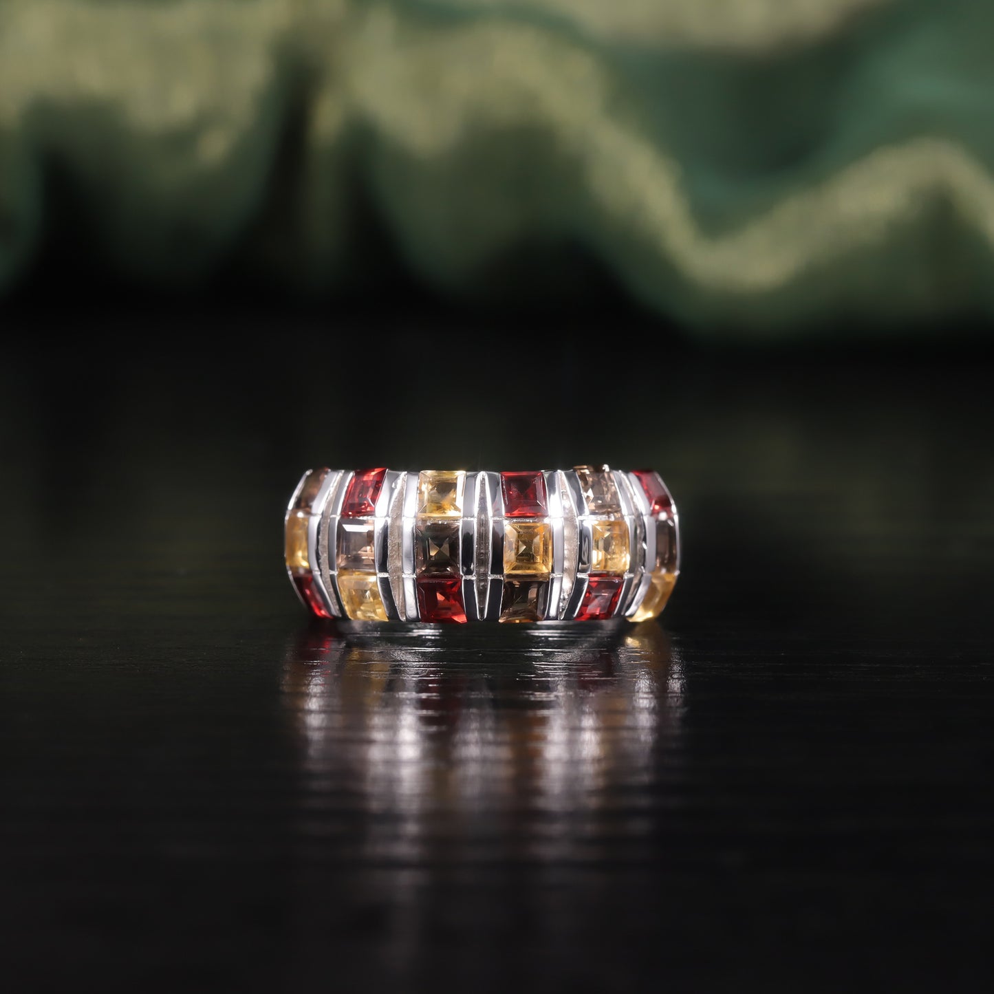 Exotic Natural Garnet Crystal Ring s925Sterling Silver Inlaid Colorful Gemstone Statement Ring