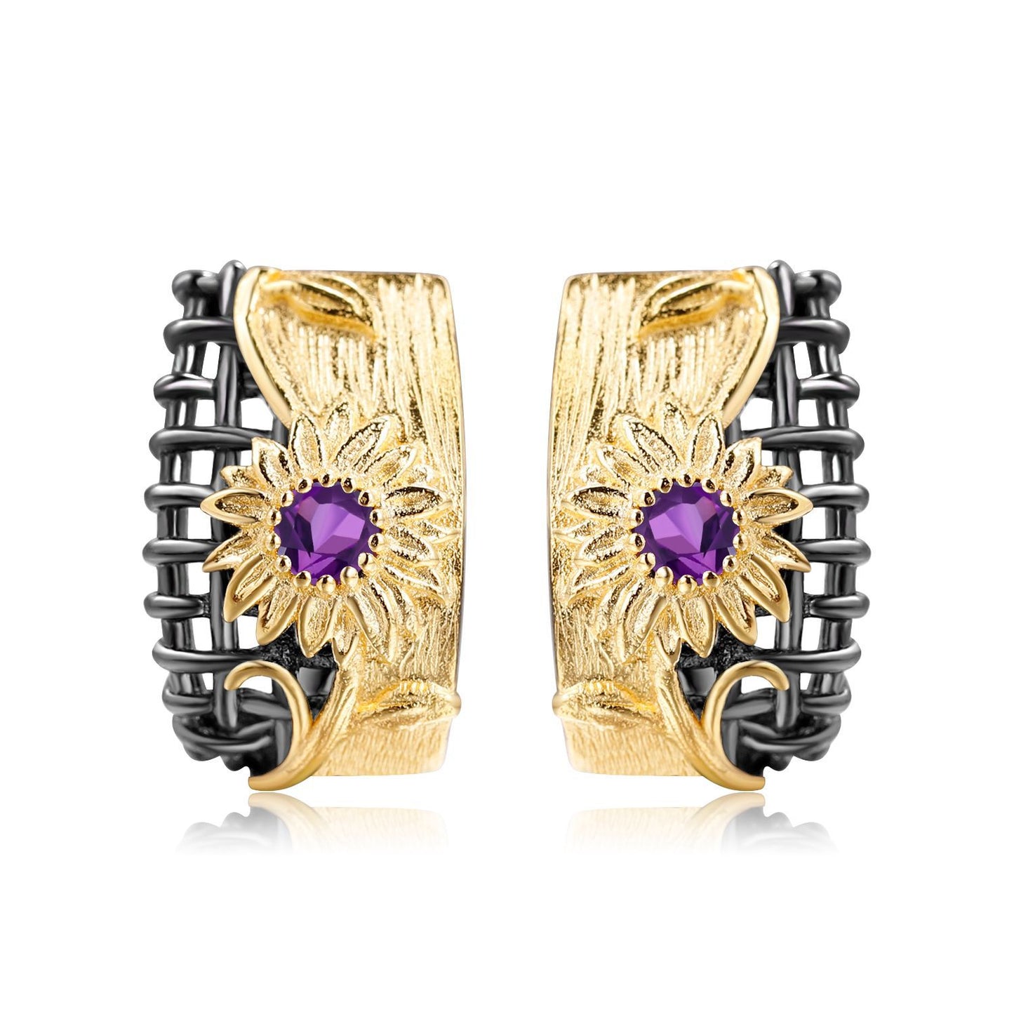 Italian Craft Designer Earrings Natural Style Floral Design925Silver Natural Amethyst Stud Earrings