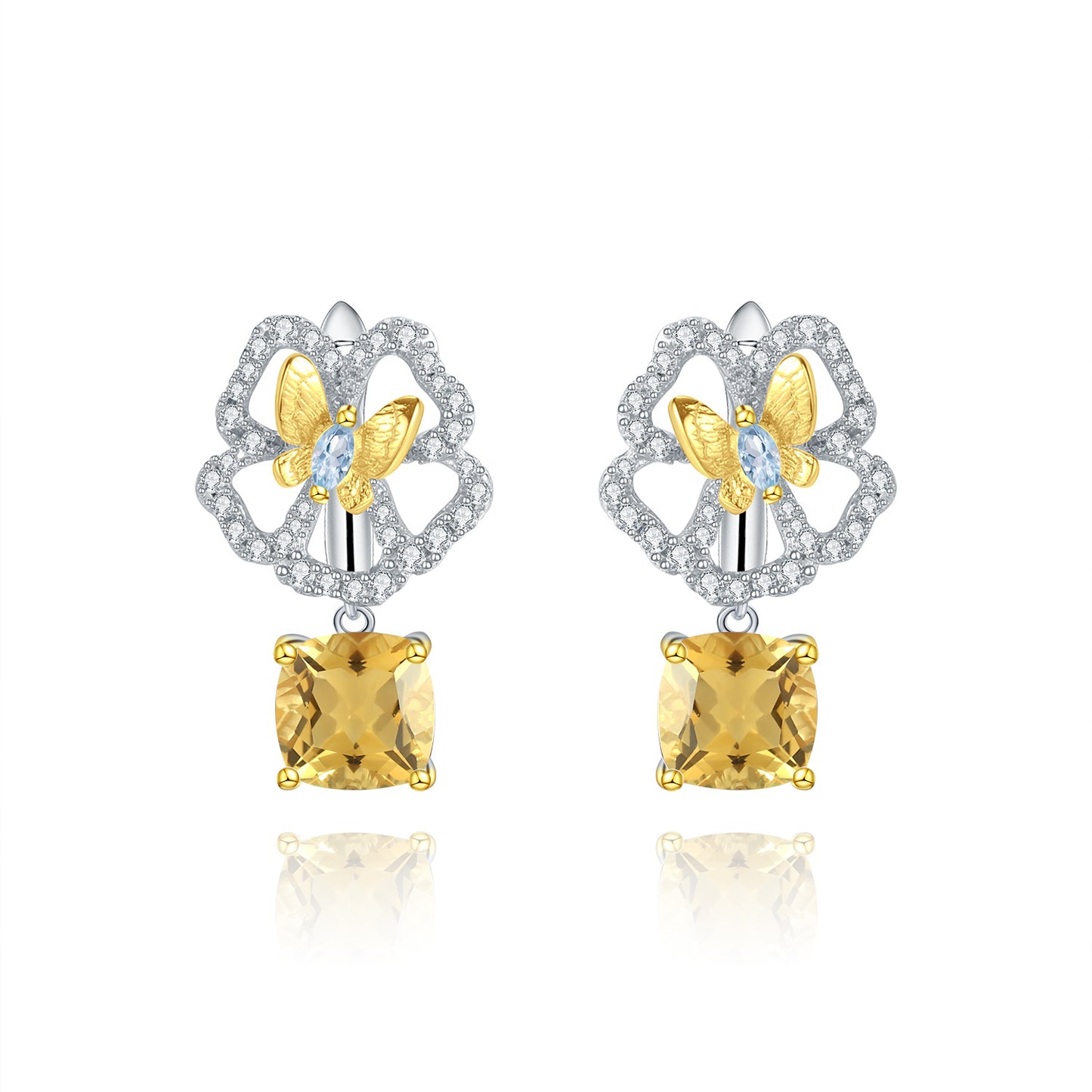 Designer Natural Topaz Earrings Natural Style Butterfly Flower Design s925Silver Gemstone Earrings