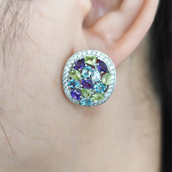 Natural Colorful Gemstone Earrings s925Sterling Silver Inlaid Rainbow Gemstone Peridot Stud Earrings Round Wind Earrings