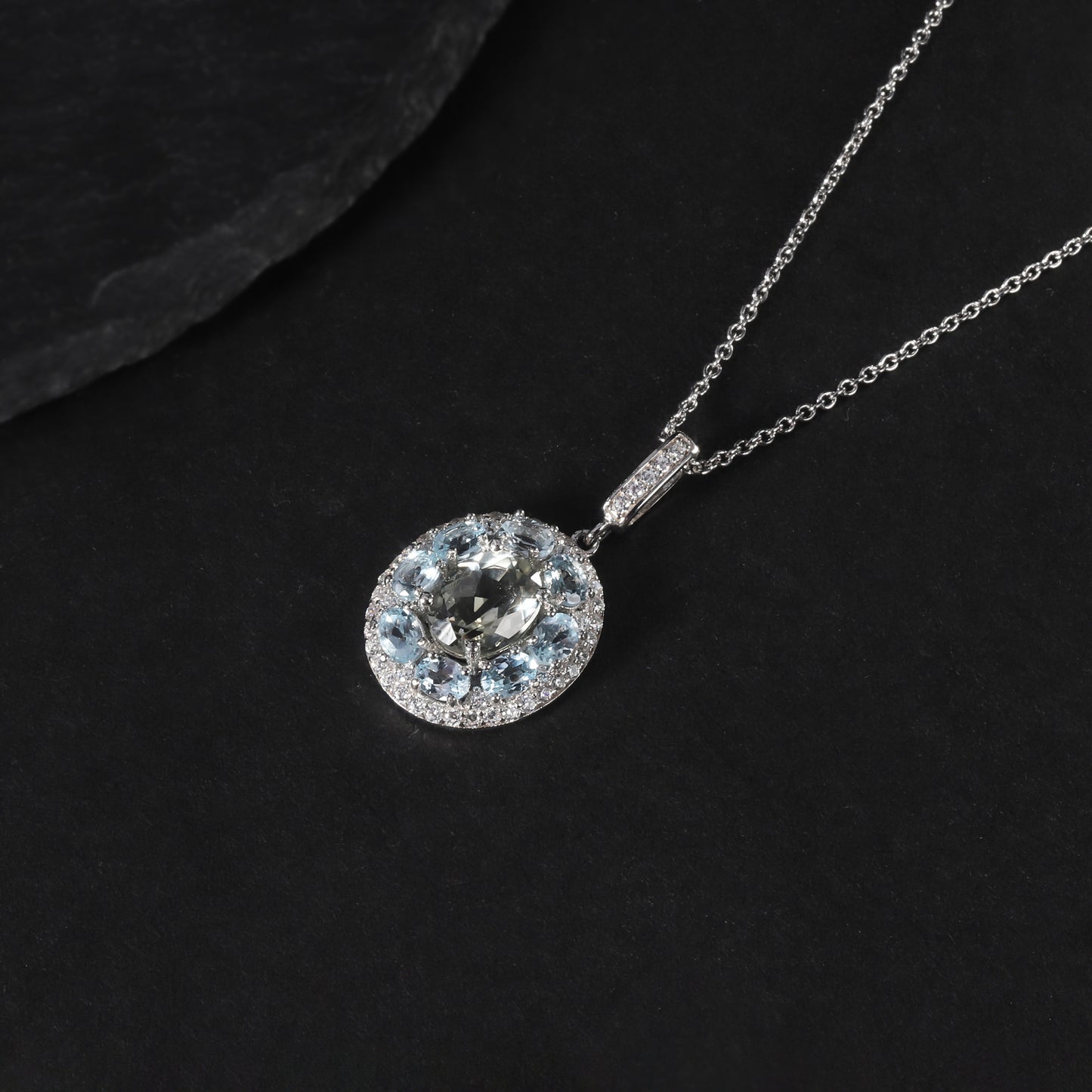 Luxurious High-End Natural Gemstone Necklace Pendant s925Sterling Silver Inlaid Natural Topaz Green Amethyst Pendant