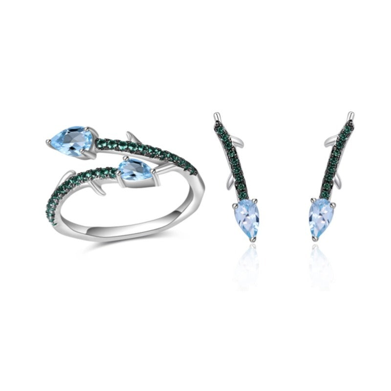 Thorn Flower Set Natural Garnet Topaz s925Sterling Silver Ring Earrings Amethyst Jewelry Set