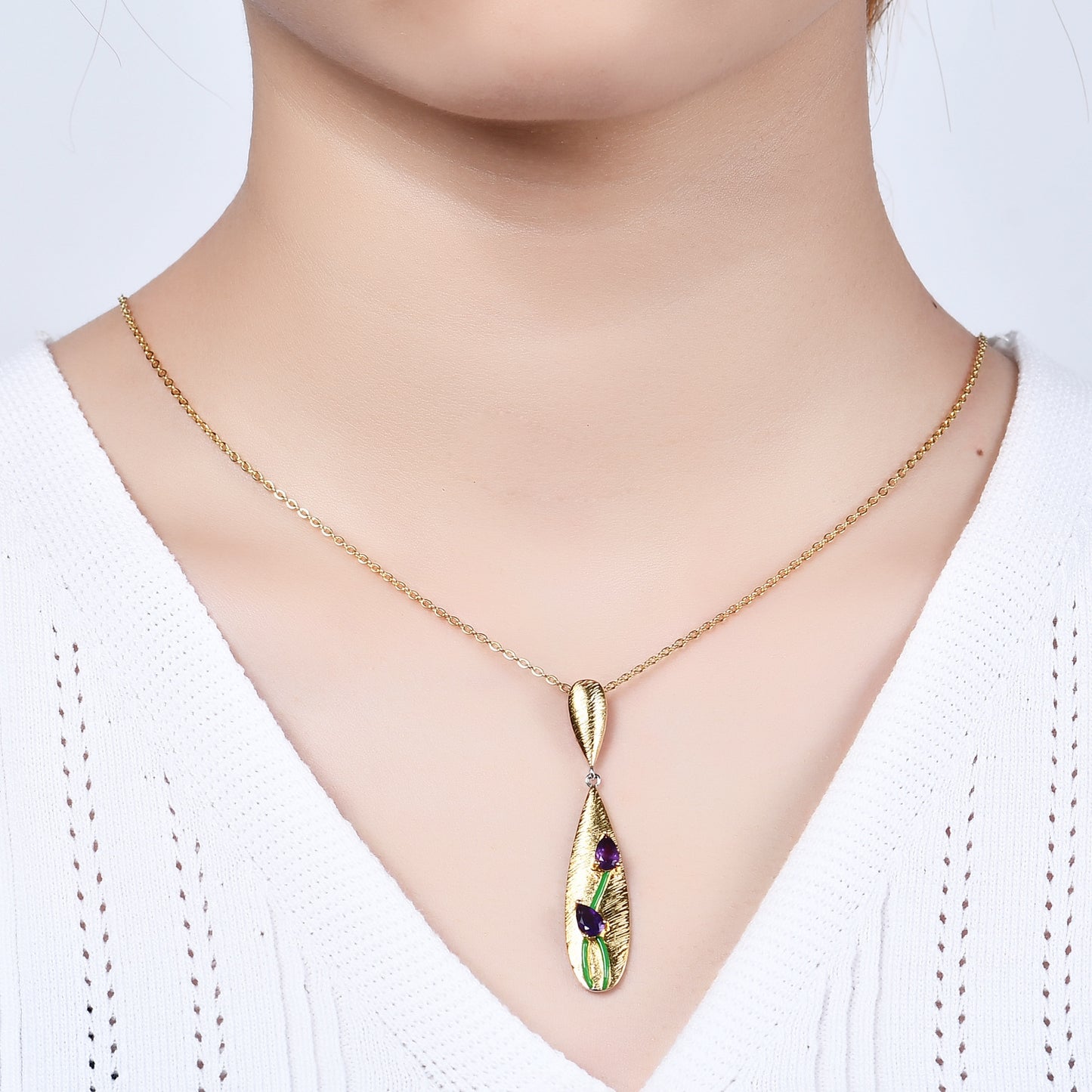 Italian Craft Retro Style Jewelry Designer Necklace s925Silver plating k Gold Inlaid Amethyst Necklace Pendant