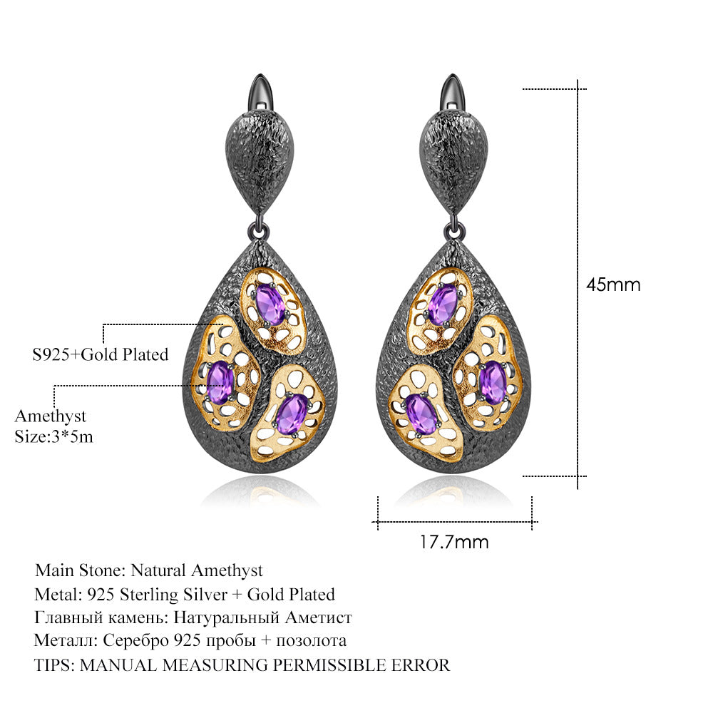 Italian Craft Designer Gemstone Earrings Retro High-End Sense925Silver Natural Amethyst Earrings Drop Earrings