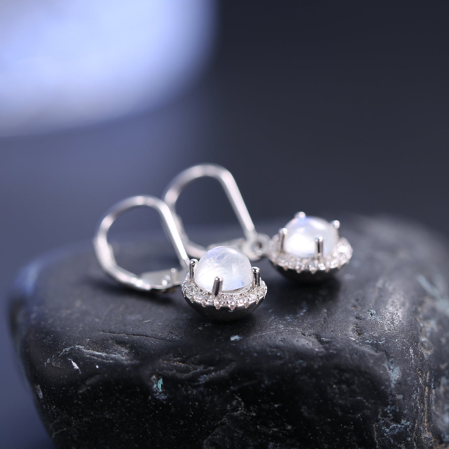 Minimalist Style Natural Cream Blue Moonstone Earrings New Model s925Sterling Silver Inlaid Colorful Gemstone Earrings High-end Feel