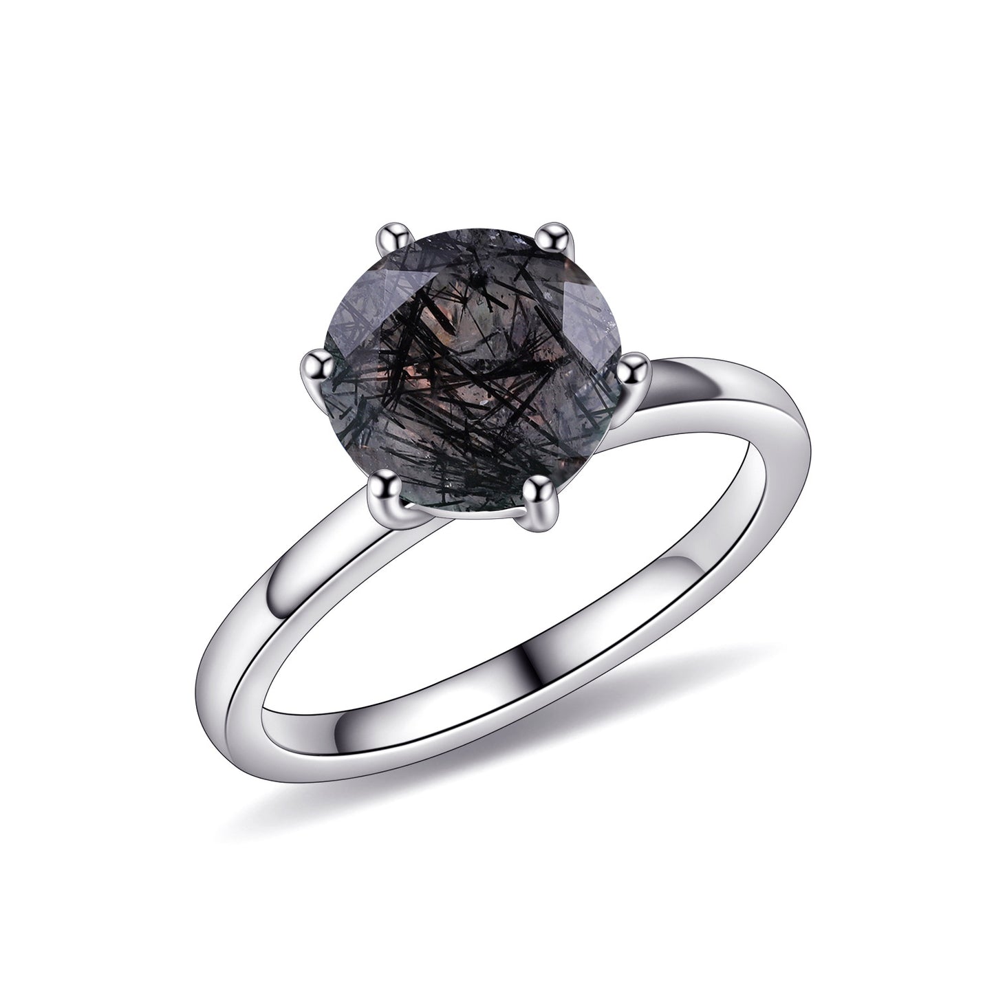 Wedding Natural Gemstone Ring s925Sterling Silver Inlaid Crystal Topaz Black Hair Crystal Ring8mm Single Main Stone