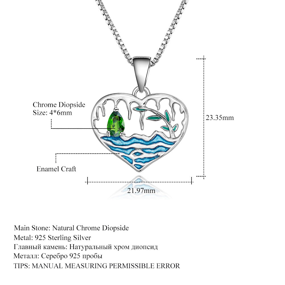 Designer High-End Gemstone Pendant Heart Lake s925Silver Enamel Natural Translucent Stone Necklace Pendant