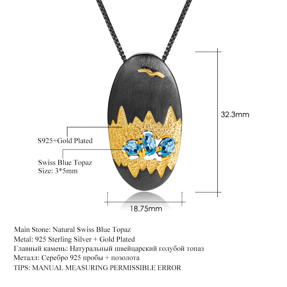 Designer High-End Gemstone Pendant Landscape Design s925Sterling Silver Natural Topaz Necklace Pendant