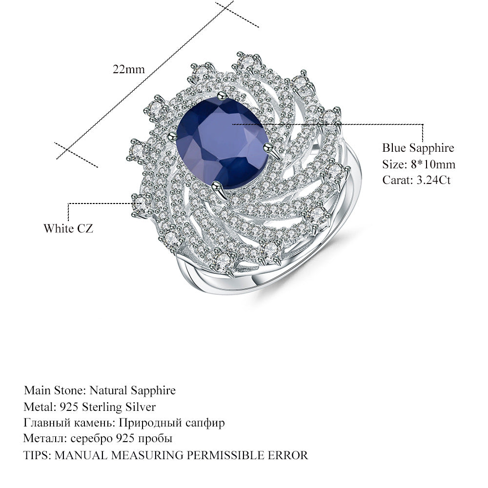 Luxurious High-End Natural Topaz Ring New Style Personality s925Silver Inlaid Natural Sapphire Ring