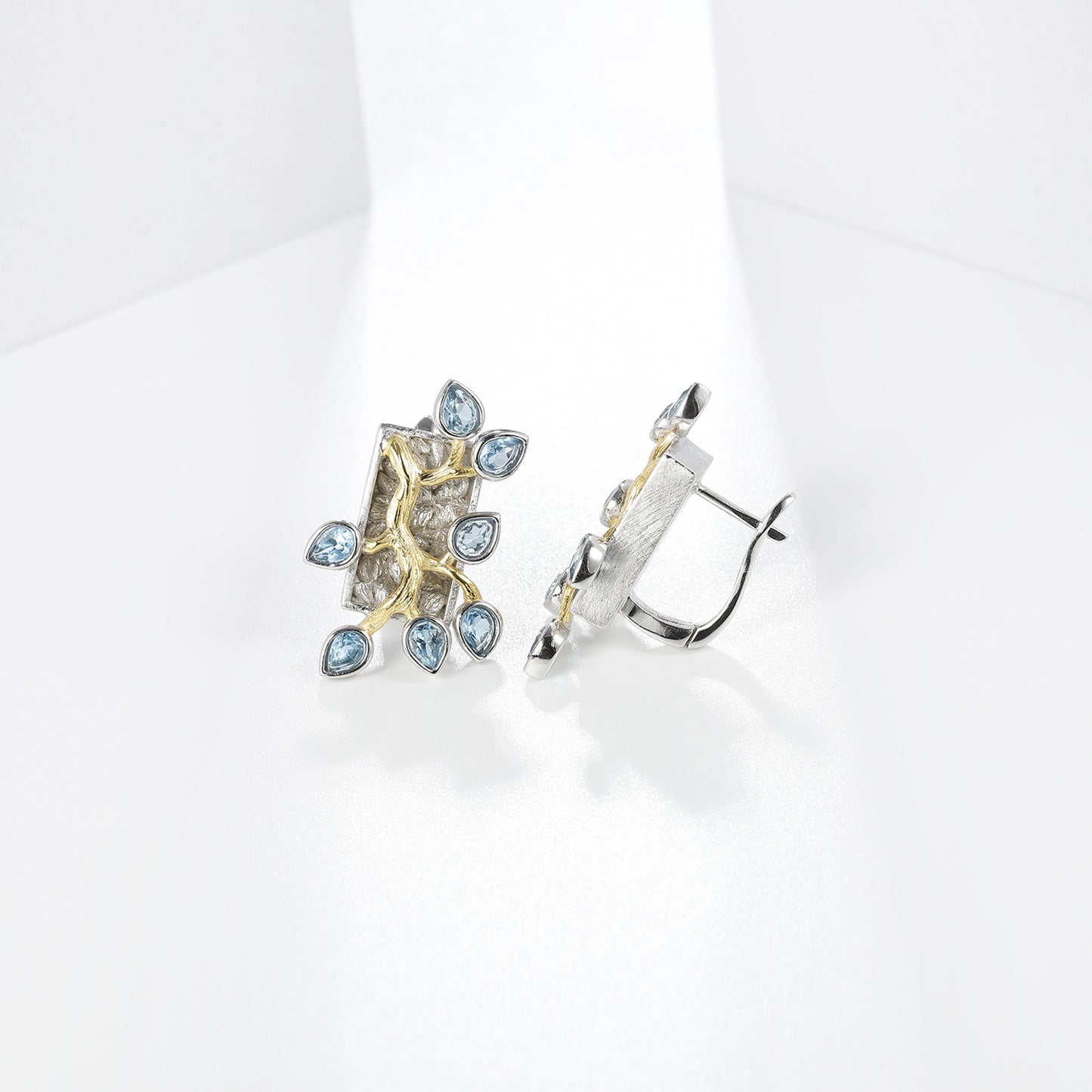 Designer Natural Topaz Earrings with Flower Branch and Jade Leaf Design s925Silver Inlaid Gemstone Stud Earrings