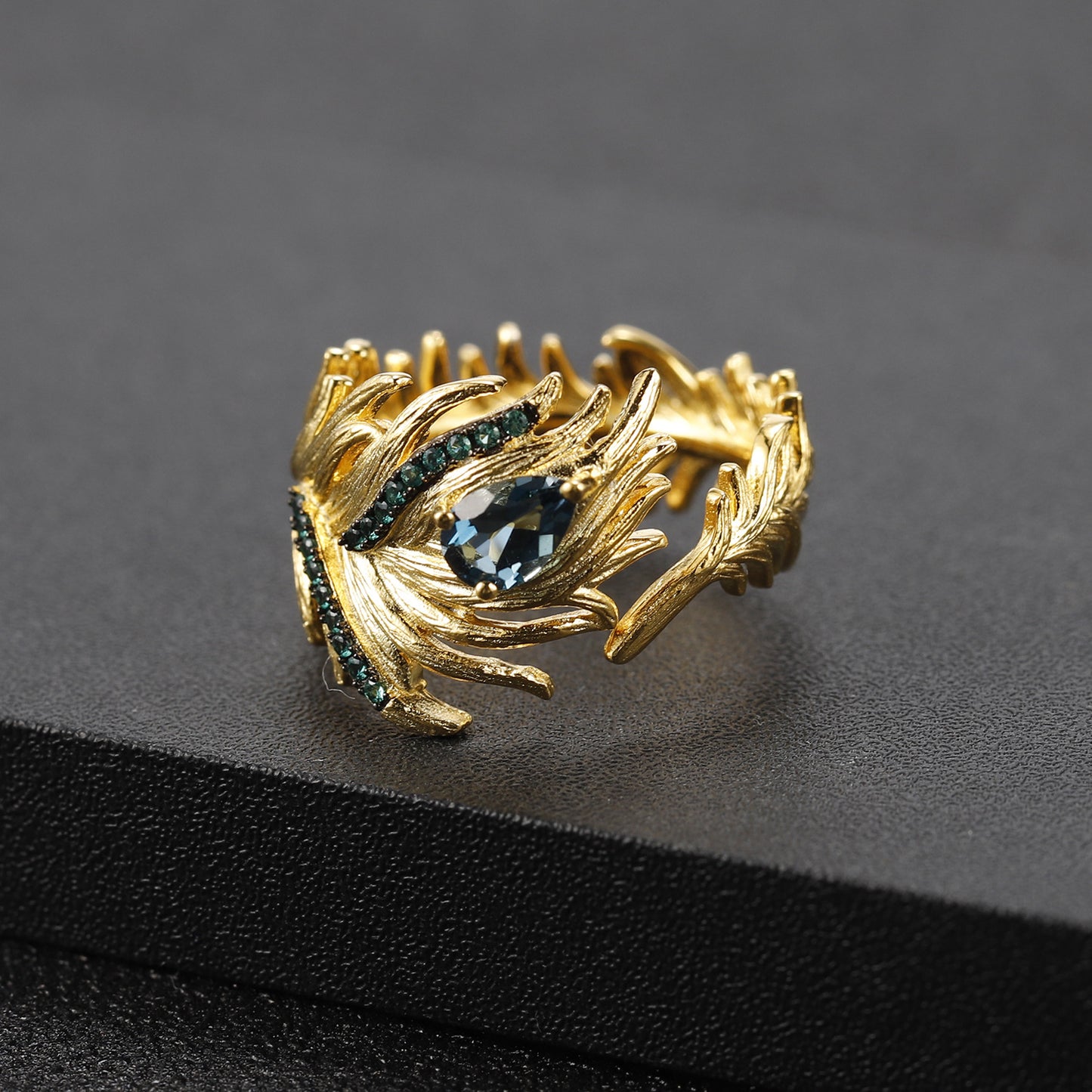 Designer Adjustable Open Ring with Bird Feather Design925Silver Natural Topaz Ring